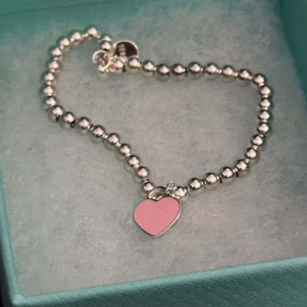 Beaded Silver Bracelet w/ Pink Heart Charm 925 Stamp Gift Ready